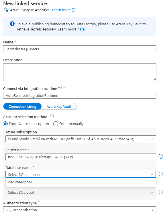 Read data from Azure Synapse Serverless SQL Pools with Azure Data Factory